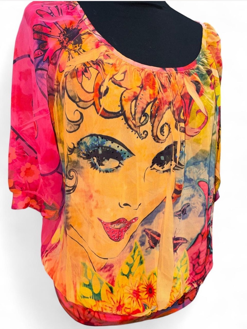 NY Collection Vibrant Floral Face Print Blouse - Pink, Orange, Yellow